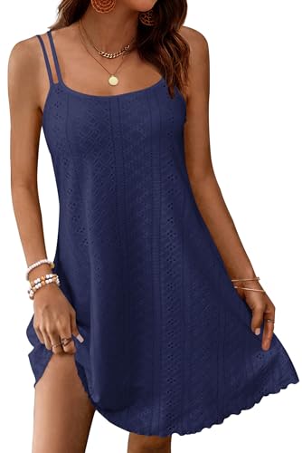 WNEEDU Sommerkleid Damen Eyelet Ärmelloses Spaghettiträger Strandkleid Hohl Mini Kleid Navy blau XL von WNEEDU