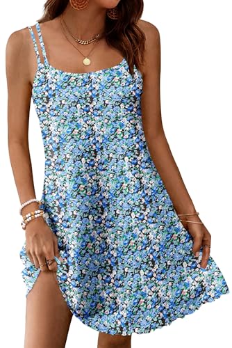WNEEDU Sommerkleid Damen Eyelet Spaghettiträger Strandkleid Ärmelloses Hohl Mini Kleid Floral Meeresblau 2XL von WNEEDU