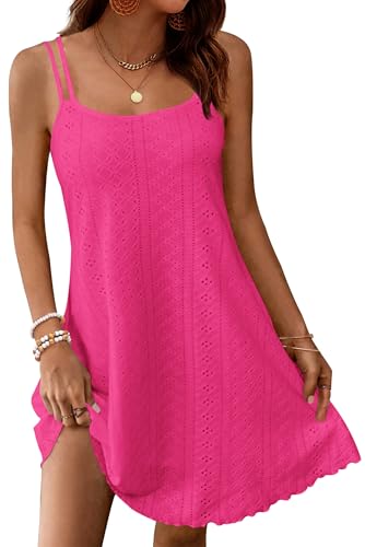 WNEEDU Sommerkleid Damen Eyelet Spaghettiträger Strandkleid Ärmelloses Hohl Mini Kleid Rosarot M von WNEEDU