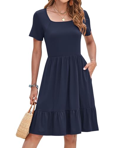 WNEEDU Damen Sommerkleid Kurzarm Knielang Tunika Kleider Quadratischer Ausschnitt Freizeitkleid Mit Taschen Marineblau L WNEEDU Damen Sommerkleid Kurzarm Knielang Tunika Kleider Quadratischer Ausschnitt Freizeitkleid Mit Taschen Marineblau L von WNEEDU
