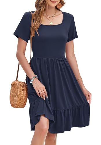 WNEEDU Sommerkleid Damen Elegant Kleider Kurzarm Quadratischer Ausschnitt Strandkleider Knielang Tunika Freizeitkleid Mit Taschen von WNEEDU