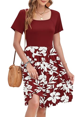 WNEEDU Sommerkleid Damen Elegant Kleider Kurzarm Quadratischer Ausschnitt Strandkleider Knielang Tunika Freizeitkleid Mit Taschen von WNEEDU