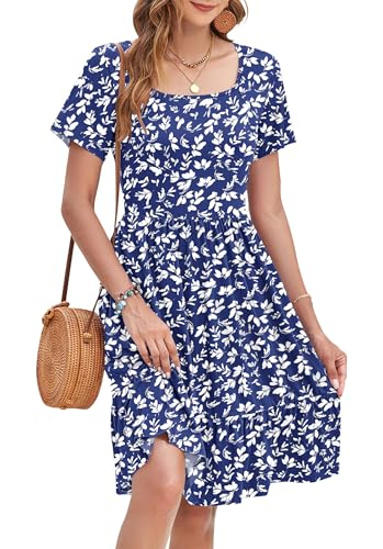WNEEDU Sommerkleid Damen Elegant Kleider Kurzarm Quadratischer Ausschnitt Strandkleider Knielang Tunika Freizeitkleid Mit Taschen von WNEEDU
