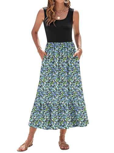 WNEEDU Sommerkleid Damen Lang Ärmellose Maxikleid mit Empire Taille Damen Sommer U-Ausschnitt Luftiges Strandkleider mit Taschen Blaue Grüne Blume XXL von WNEEDU