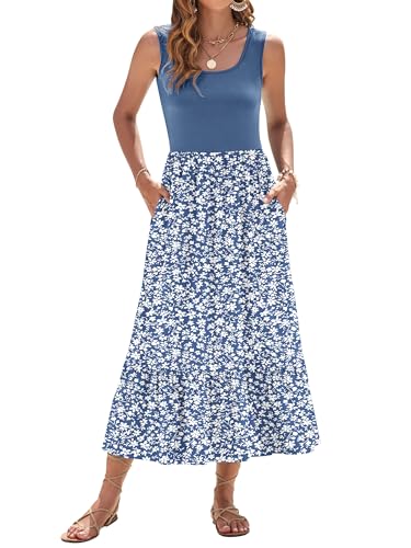 WNEEDU Sommerkleid Damen Lang Ärmellose Maxikleid mit Empire Taille Damen Sommer U-Ausschnitt Luftiges Strandkleider mit Taschen Blume Grau Blau XL von WNEEDU