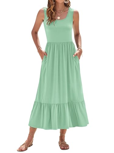 WNEEDU Sommerkleid Damen Lang Ärmellose Maxikleid mit Empire Taille Damen Sommer U-Ausschnitt Luftiges Strandkleider mit Taschen Erbsengrün S von WNEEDU