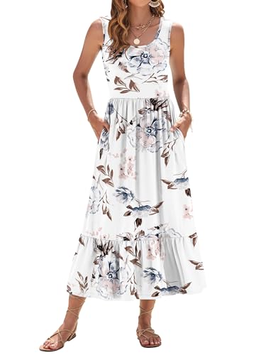 WNEEDU Sommerkleid Damen Lang Ärmellose Maxikleid mit Empire Taille Damen Sommer U-Ausschnitt Luftiges Strandkleider mit Taschen Florales Weiß XXL von WNEEDU