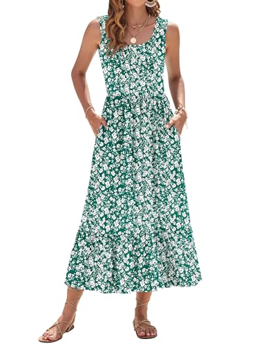 WNEEDU Sommerkleid Damen Lang Ärmellose Maxikleid mit Empire Taille Damen Sommer U-Ausschnitt Luftiges Strandkleider mit Taschen Kleine Blume Grün XL von WNEEDU