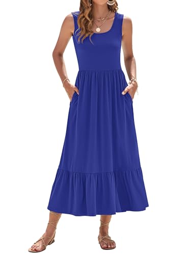 WNEEDU Sommerkleid Damen Lang Ärmellose Maxikleid mit Empire Taille Damen Sommer U-Ausschnitt Luftiges Strandkleider mit Taschen Königsblau M von WNEEDU