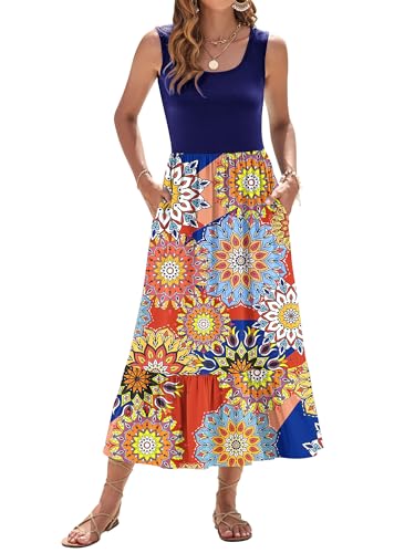 WNEEDU Sommerkleid Damen Lang Ärmellose Maxikleid mit Empire Taille Damen Sommer U-Ausschnitt Luftiges Strandkleider mit Taschen Marine Mandala Blume M von WNEEDU