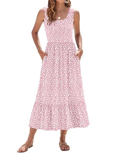 WNEEDU Sommerkleid Damen Lang Ärmellose Maxikleid mit Empire Taille Damen Sommer U-Ausschnitt Luftiges Strandkleider mit Taschen Rosa Fleck XL von WNEEDU