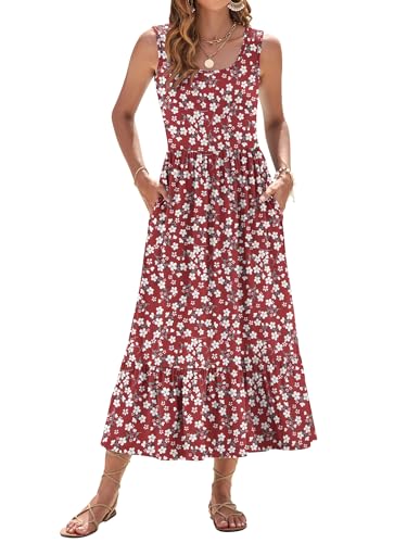 WNEEDU Sommerkleid Damen Lang Ärmellose Maxikleid mit Empire Taille Damen Sommer U-Ausschnitt Luftiges Strandkleider mit Taschen Rote Blume L von WNEEDU