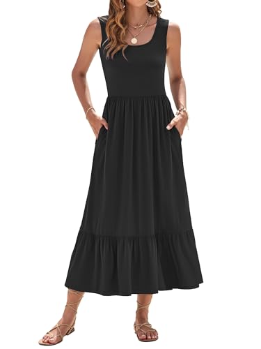 WNEEDU Sommerkleid Damen Lang Ärmellose Maxikleid mit Empire Taille Damen Sommer U-Ausschnitt Luftiges Strandkleider mit Taschen Schwarz S von WNEEDU