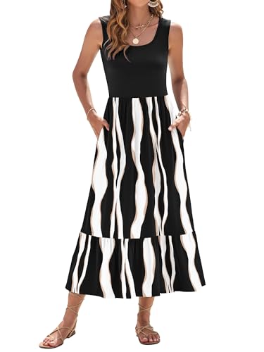WNEEDU Sommerkleid Damen Lang Ärmellose Maxikleid mit Empire Taille Damen Sommer U-Ausschnitt Luftiges Strandkleider mit Taschen Schwarze Streifen XL von WNEEDU