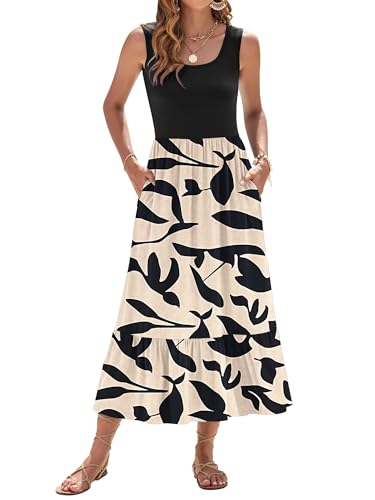 WNEEDU Sommerkleid Damen Lang Ärmellose Maxikleid mit Empire Taille Damen Sommer U-Ausschnitt Luftiges Strandkleider mit Taschen Schwarzes Blatt Schwarz XXL von WNEEDU
