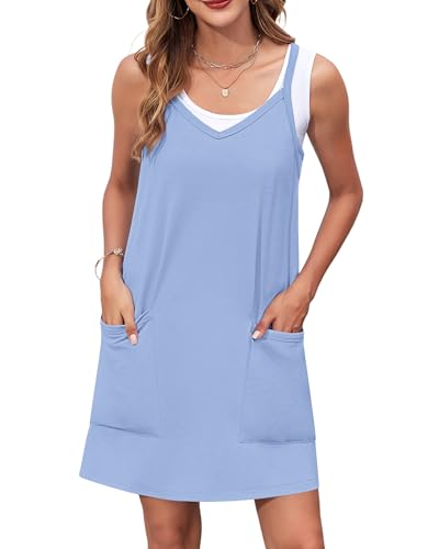 WNEEDU Sommerkleid Damen Spaghettiträger Kleider Luftige Strandkleider V-Ausschnitt Casual Latzkleid Einfarbige Freizeitkleider mit Taschen von WNEEDU