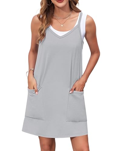 WNEEDU Sommerkleid Damen Spaghettiträger Kleider Luftige Strandkleider V-Ausschnitt Casual Latzkleid Einfarbige Freizeitkleider mit Taschen von WNEEDU