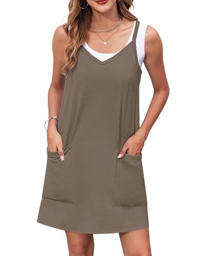 WNEEDU Sommerkleid Damen Spaghettiträger Kleider Luftige Strandkleider V-Ausschnitt Casual Latzkleid Einfarbige Freizeitkleider mit Taschen von WNEEDU
