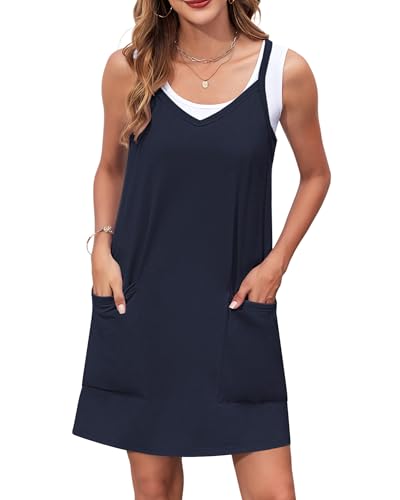 WNEEDU Sommerkleid Damen Spaghettiträger Kleider Luftige Strandkleider V-Ausschnitt Casual Latzkleid Einfarbige Freizeitkleider mit Taschen von WNEEDU