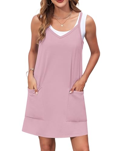 WNEEDU Sommerkleid Damen Spaghettiträger Kleider Luftige Strandkleider V-Ausschnitt Casual Latzkleid Einfarbige Freizeitkleider mit Taschen von WNEEDU