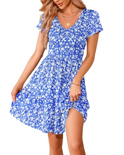 WNEEDU Sommerkleider Damen V Ausschnitt Kurzarm Strandkleid Elegante Knielange Freizeitkleid Taillenbetontes Minikleid mit Taschen Blau Weiße Blume L von WNEEDU