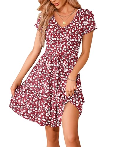 WNEEDU Sommerkleider Damen V Ausschnitt Kurzarm Strandkleid Elegante Knielange Freizeitkleid Taillenbetontes Minikleid mit Taschen Floral Rot M von WNEEDU