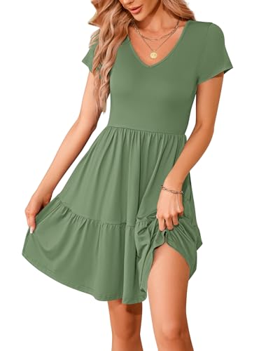 WNEEDU Sommerkleider Damen V Ausschnitt Kurzarm Strandkleid Elegante Knielange Freizeitkleid Taillenbetontes Minikleid mit Taschen Grün 2XL von WNEEDU