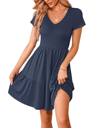 WNEEDU Sommerkleider Damen V Ausschnitt Kurzarm Strandkleid Elegante Knielange Freizeitkleid Taillenbetontes Minikleid mit Taschen Marine Blau M von WNEEDU