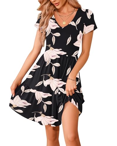 WNEEDU Sommerkleid Damen V Ausschnitt Kurzarm Strandkleid Elegante Partykleider Freizeitkleid mit Rüschensaum und Taschen Morgenlatte XL von WNEEDU