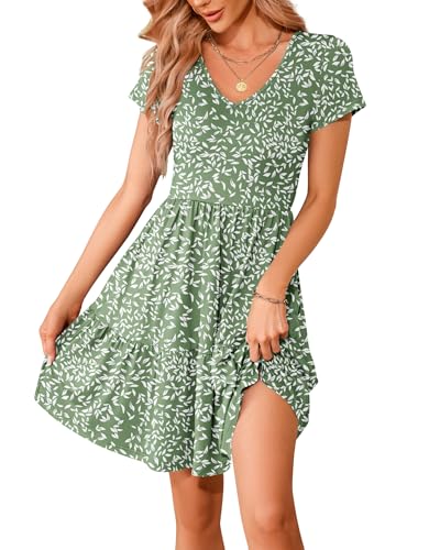 WNEEDU Sommerkleider Damen V Ausschnitt Kurzarm Strandkleid Elegante Knielange Freizeitkleid Taillenbetontes Minikleid mit Taschen Olive Grünes Blatt XL von WNEEDU
