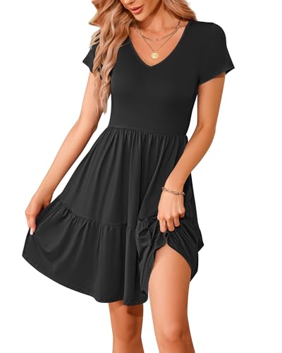 WNEEDU Sommerkleid Damen V Ausschnitt Kurzarm Strandkleid Elegante Partykleider Freizeitkleid mit Rüschensaum und Taschen Schwarz L WNEEDU Sommerkleid Damen V Ausschnitt Kurzarm Strandkleid Elegante Partykleider Freizeitkleid mit Rüschensaum und Taschen Schwarz L von WNEEDU