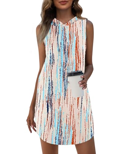 WNEEDU Sommerkleid Damen mit Kapuze Ärmelloses Sweatshirt Kleid mit Taschen Blau Orange Streifen XL von WNEEDU