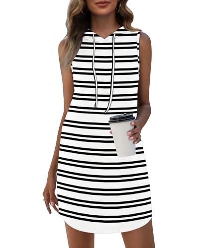 WNEEDU Sommerkleid Damen mit Kapuze Ärmelloses Sweatshirt Kleid mit Taschen Dünne Schwarze Streifen L von WNEEDU