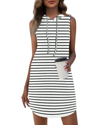 WNEEDU Sommerkleid Damen mit Kapuze Ärmelloses Sweatshirt Kleid mit Taschen Schwarz Gestreift Weiß S von WNEEDU
