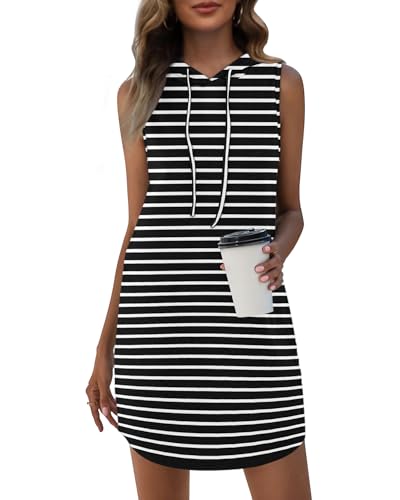 WNEEDU Sommerkleid Damen mit Kapuze Ärmelloses Sweatshirt Kleid mit Taschen Weiß Gestreift Schwarz S von WNEEDU