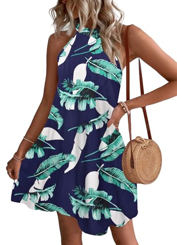 WNEEDU Sommerkleider Damen Kurze Strandkleider Neckholder Ärmelloses A-Linie Freizeitkleid mit Taschen,Blau Drucken M von WNEEDU