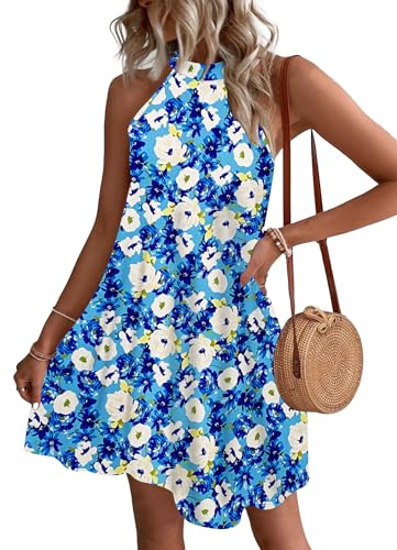 WNEEDU Sommerkleider Damen Kurze Strandkleider Neckholder Ärmelloses A-Linie Freizeitkleid mit Taschen,Blaue Gelbe Blume S von WNEEDU