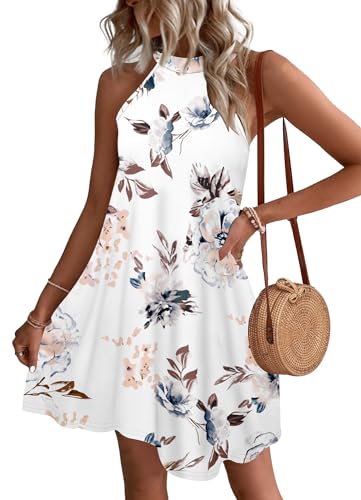 WNEEDU Sommerkleider Damen Kurze Strandkleider Neckholder Ärmelloses A-Linie Freizeitkleid mit Taschen,Blumenweiß L von WNEEDU
