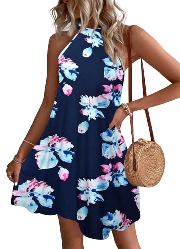 WNEEDU Sommerkleider Damen Kurze Strandkleider Neckholder Ärmelloses A-Linie Freizeitkleid mit Taschen,Marinerosa Blume XL von WNEEDU