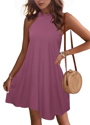 WNEEDU Sommerkleider Damen Kurze Strandkleider Neckholder Ärmelloses A-Linie Freizeitkleid mit Taschen,Mauve XXL von WNEEDU