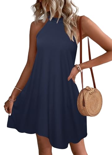 WNEEDU Sommerkleider Damen Kurze Strandkleider Neckholder Ärmelloses A-Linie Freizeitkleid mit Taschen,Navy Blau S von WNEEDU