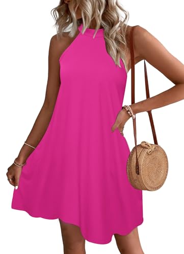 WNEEDU Sommerkleider Damen Kurze Strandkleider Neckholder Ärmelloses A-Linie Freizeitkleid mit Taschen,Rose XL von WNEEDU