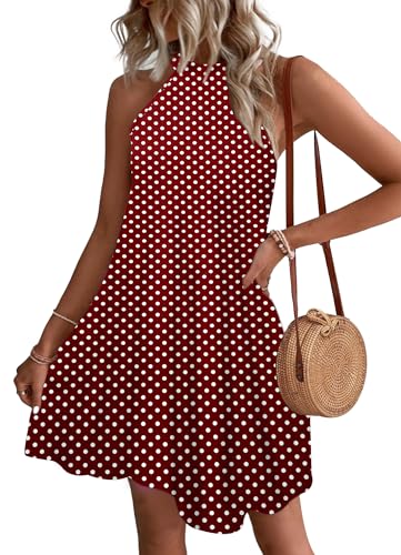 WNEEDU Sommerkleider Damen Kurze Strandkleider Neckholder Ärmelloses A-Linie Freizeitkleid mit Taschen,Rote Punkte L von WNEEDU
