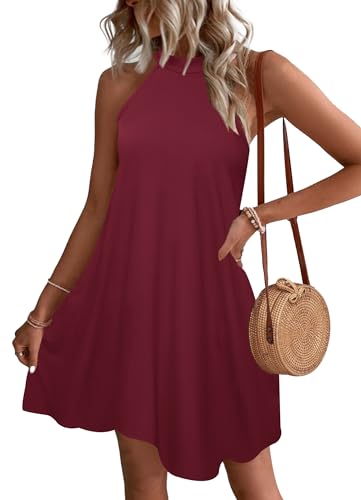 WNEEDU Sommerkleider Damen Kurze Strandkleider Neckholder Ärmelloses A-Linie Freizeitkleid mit Taschen,Weinrot L von WNEEDU