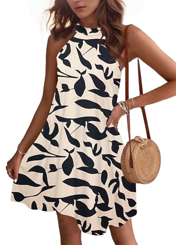 WNEEDU Sommerkleider Damen Kurze Strandkleider Neckholder Ärmelloses A-Linie Kleider mit Taschen Aprikosen Schwarzblatt XL von WNEEDU