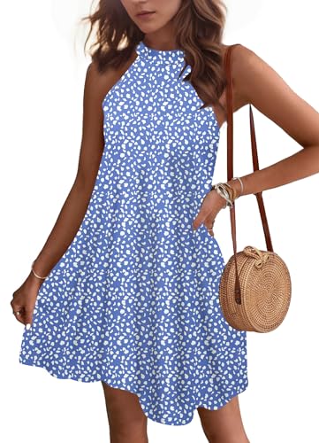 WNEEDU Sommerkleider Damen Kurze Strandkleider Neckholder Ärmelloses A-Linie Kleider mit Taschen Blauer Fleck 2XL von WNEEDU