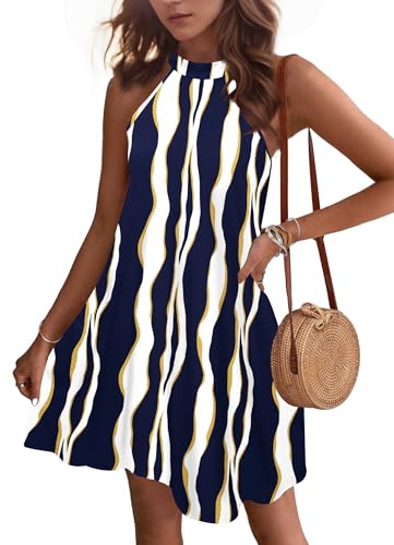 WNEEDU Sommerkleider Damen Kurze Strandkleider Neckholder Ärmelloses A-Linie Kleider mit Taschen Gelb Blaue Streifen XL von WNEEDU