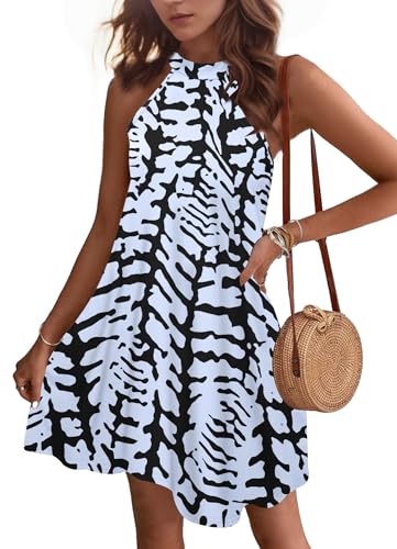 WNEEDU Sommerkleider Damen Kurze Strandkleider Neckholder Ärmelloses A-Linie Kleider mit Taschen Grau Gestreift XL von WNEEDU