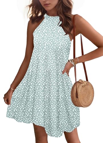 WNEEDU Sommerkleider Damen Kurze Strandkleider Neckholder Ärmelloses A-Linie Kleider mit Taschen Grüner Fleck M von WNEEDU