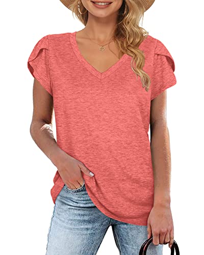 WNEEDU Top Damen Sommer T Shirt V Ausschnitt Kurzarm Freizeit Oberteile Grapefruitrot 2XL von WNEEDU